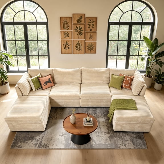XIZZI 130.7" Modular Sectional Sofa,6-piece Oversized Cloud Couch with Deep Seat,U-Shaped Sectional Couches with Two Removable Ottomans for Living Room,4 Seat,Beige
