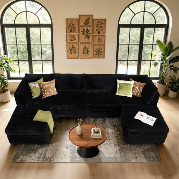 XIZZI 130.7" Modular Sectional Sofa,6-piece Oversized Cloud Couch with Deep Seat,U-Shaped Sectional Couches with Two Removable Ottomans for Living Room,4 Seat,Black