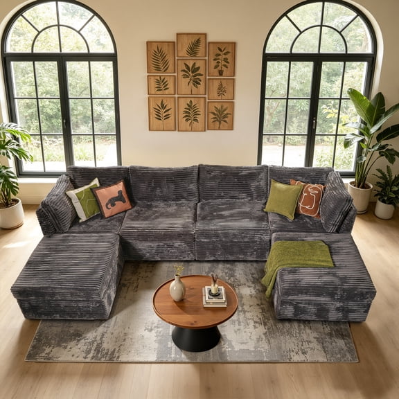 XIZZI 130.7" Modular Sectional Sofa,6-piece Oversized Cloud Couch with Deep Seat,U-Shaped Sectional Couches with Two Removable Ottomans for Living Room,4 Seat,Gray