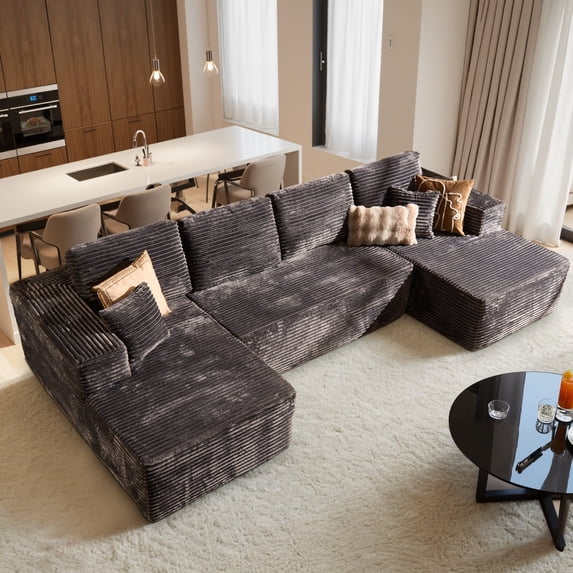 XIZZI 131" U-Shaped Modular Sectional Sofa for Living Room,Cloud Boneless Couch with Dual Chaises,Soft Corduroy,Oversize Deap Seat, No Assembly Required, Gray