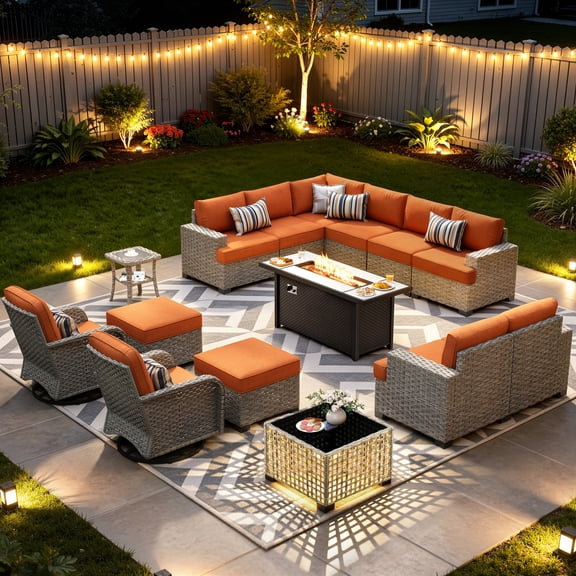 XIZZI 15-Piece Outdoor Patio Furniture Set with Fire Pit Table Swivel Rocking Chair, Wicker Outdoor Sectional with Ottoman & Solar Coffee Table for Garden, Large Villa Manor, Orange