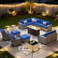 thumbnail image 1 of XIZZI 15-Piece Outdoor Patio Furniture Set with Fire Pit Table Swivel Rocking Chair, Wicker Outdoor Sectional with Ottoman & Solar Coffee Table for Garden, Large Villa Manor, Navy Blue, 1 of 11