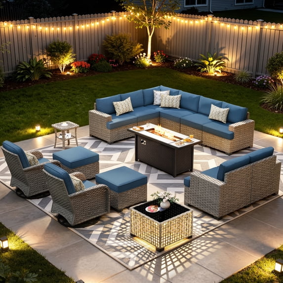 XIZZI 15-Piece Outdoor Patio Furniture Set with Fire Pit Table Swivel Rocking Chair, Wicker Outdoor Sectional with Ottoman & Solar Coffee Table for Garden, Large Villa Manor, Denim Blue