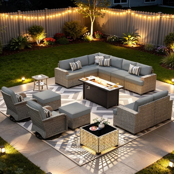 XIZZI 15-Piece Outdoor Patio Furniture Set with Fire Pit Table Swivel Rocking Chair, Wicker Outdoor Sectional with Ottoman & Solar Coffee Table for Garden, Large Villa Manor, Dark Gray
