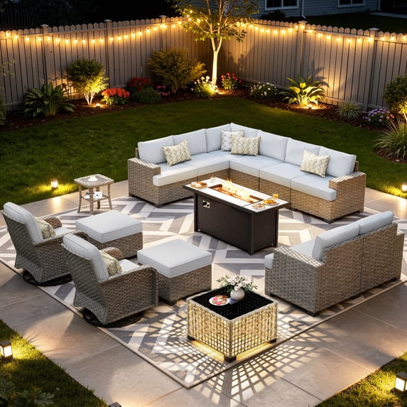 XIZZI 15-Piece Outdoor Patio Furniture Set with Fire Pit Table Swivel Rocking Chair, Wicker Outdoor Sectional with Ottoman & Solar Coffee Table for Garden, Large Villa Manor, Light Gray