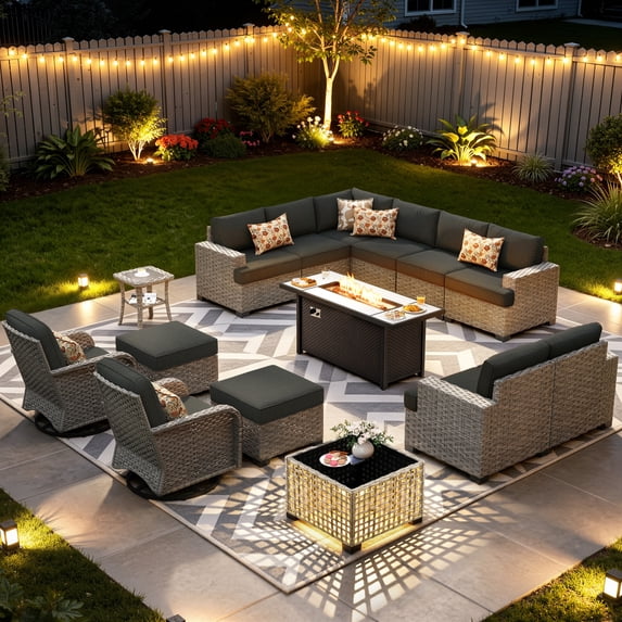 XIZZI 15-Piece Outdoor Patio Furniture Set with Fire Pit Table Swivel Rocking Chair, Wicker Outdoor Sectional with Ottoman & Solar Coffee Table for Garden, Large Villa Manor, Black