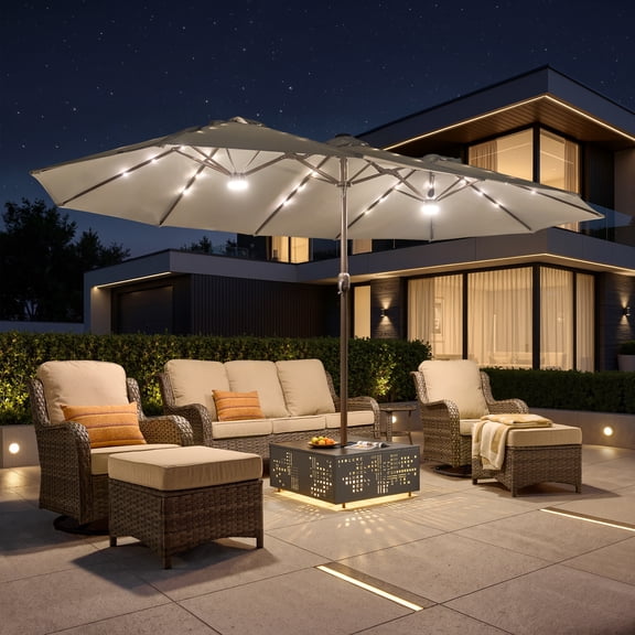 XIZZI 15ft Patio Umbrella with Base and Crank Handle, Extra Large Double-Sided Outdoor Umbrella with Warm Solar Lights, UV Resistant, Rectangle Garden Table Umbrellas Light Gray