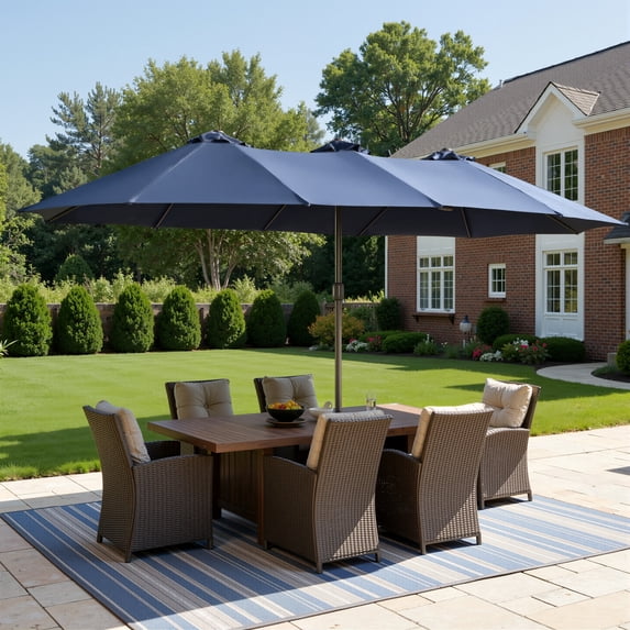 XIZZI 15ft Patio Umbrella with Base and Crank Handle, Extra Large Double-Sided Outdoor Umbrella with Waterproof, UV Resistant, Rectangle Garden Table Umbrellas Dark Blue