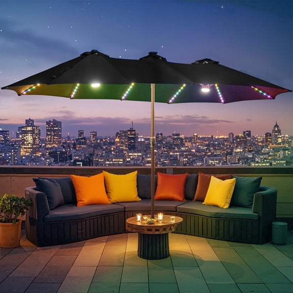 XIZZI 15ft Patio Umbrella with Base and Crank Handle, Extra Large Outdoor Umbrella with Smart Smart Colorful Solar Lights, Rectangle Garden Table Umbrellas Dark Gray
