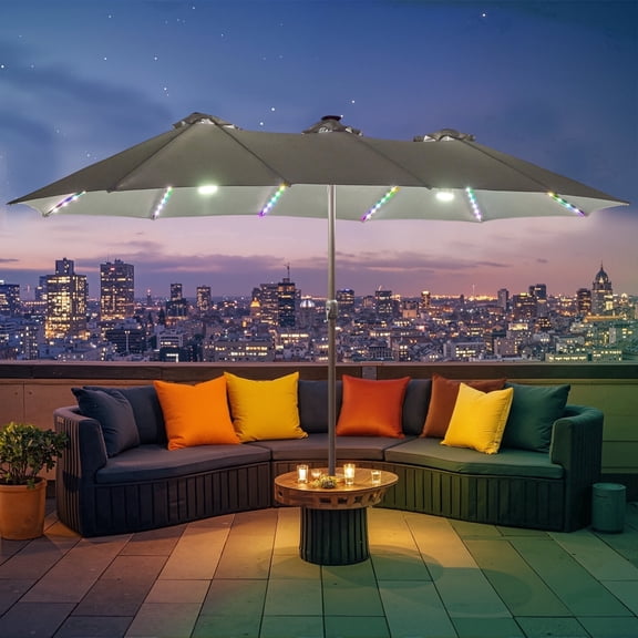 XIZZI 15ft Patio Umbrella with Base and Crank Handle, Extra Large Outdoor Umbrella with Smart Smart Colorful Solar Lights, Rectangle Garden Table Umbrellas Light Gray