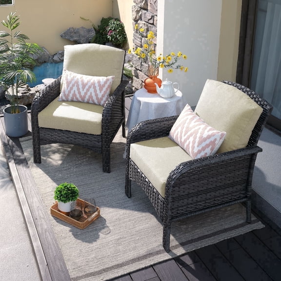 XIZZI 2 Pieces Wicker Outdoor Patio Furniture High Back Rattan Conversation Set All Weather Patio Chair Set with Cushions for Balcony, Beige