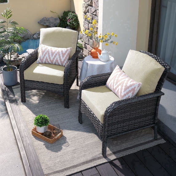 XIZZI 2 Pieces Wicker Outdoor Patio Furniture High Back Rattan Conversation Set All Weather Patio Chair Set with Cushions for Balcony, Beige
