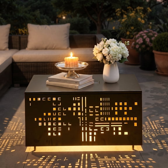 XIZZI 27.17" Outdoor Coffee Table with Umbrella Hole, All-weather Patio Side Table with Solar LED, IP44 Waterproof, Rust-resistant Metal Cutout Design, Black