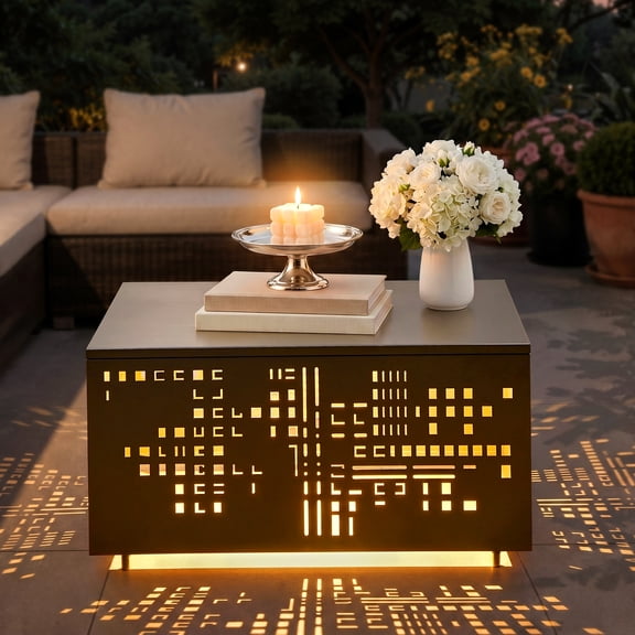 XIZZI 27.17" Outdoor Coffee Table with Umbrella Hole, All-weather Patio Side Table with Solar LED, IP44 Waterproof, Rust-resistant Metal Cutout Design, Gray