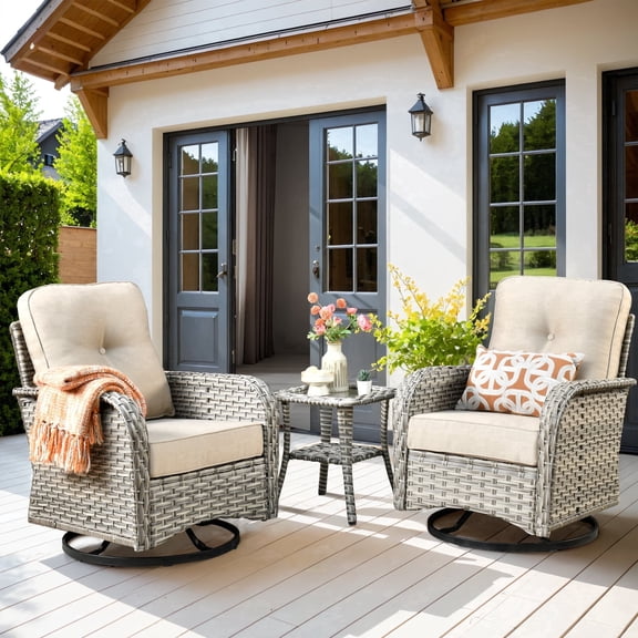 XIZZI 3-Piece Patio Furniture Set High Back Patio Conversation Chairs Set Outdoor Swivel Glider Rocker Chairs Wicker Outdoor Rocking Swivel Chairs with Side Table for Porch, Beige