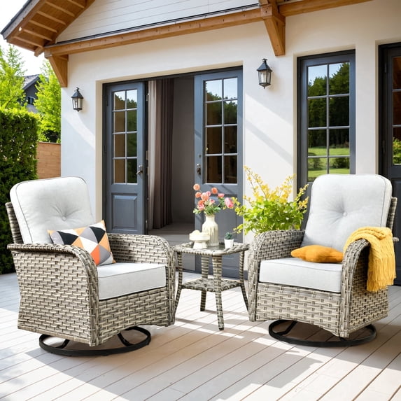XIZZI 3-Piece Patio Furniture Set High Back Patio Conversation Chairs Set Outdoor Swivel Glider Rocker Chairs Wicker Outdoor Rocking Swivel Chairs with Side Table for Porch, Gray