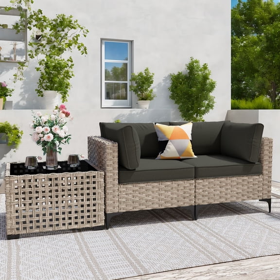XIZZI 3 Pieces Wicker Patio Furniture Set All Weather Outdoor Conversation Set Rattan Patio Sectional Sofa with Lighting Coffee Table for Porch, Black