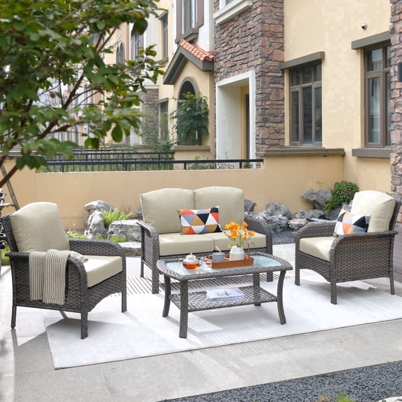 XIZZI 4 Pieces Wicker Patio Furniture All Weather Outdoor Conversation Set with Cushions High Back Rattan Patio Seating Set with Coffee Table for Backyard, Beige