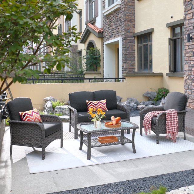 XIZZI 4 Pieces Wicker Patio Furniture All Weather Outdoor Conversation Set with Cushions High Back Rattan Patio Seating Set with Coffee Table for Backyard, Black