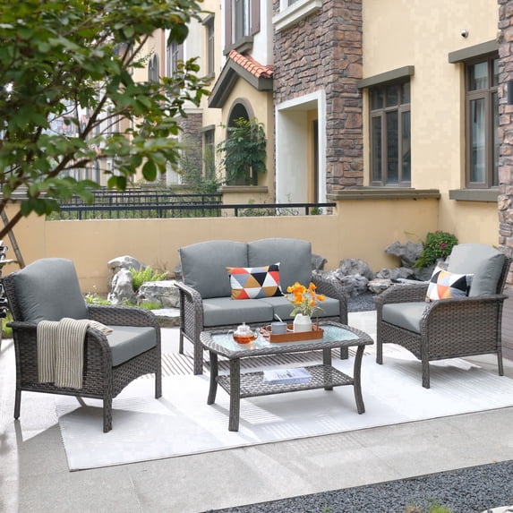XIZZI 4 Pieces Wicker Patio Furniture All Weather Outdoor Conversation Set with Cushions High Back Rattan Patio Seating Set with Coffee Table for Backyard, Dark Gray
