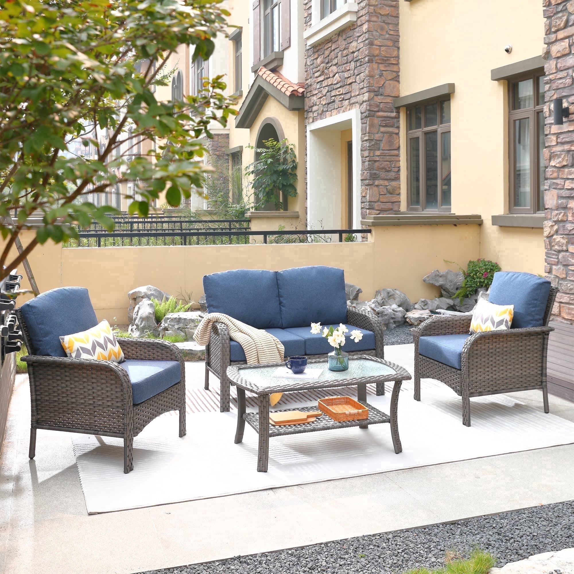 XIZZI 4 Pieces Wicker Patio Furniture All Weather Outdoor Conversation Set with Cushions High Back Rattan Patio Seating Set with Coffee Table for Backyard, Denim Blue
