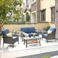 thumbnail image 1 of XIZZI 4 Pieces Wicker Patio Furniture All Weather Outdoor Conversation Set with Cushions High Back Rattan Patio Seating Set with Coffee Table for Backyard, Denim Blue, 1 of 10