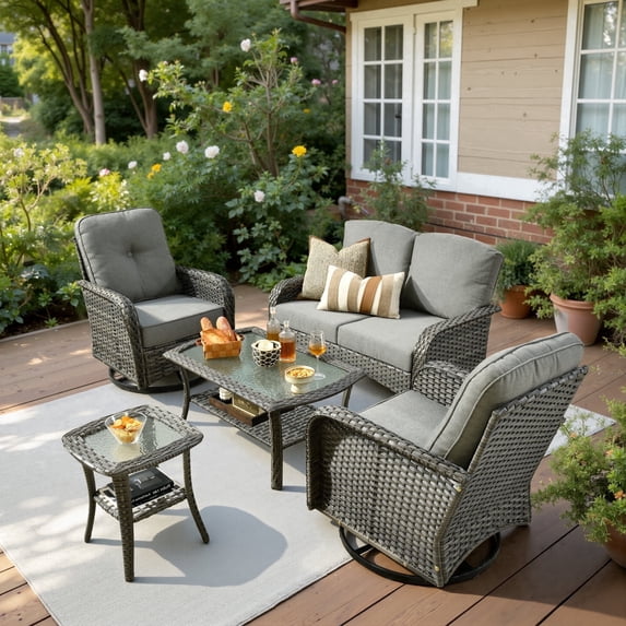 XIZZI 5-Piece Patio Furniture Set, All-Weather Wicker Outdoor Conversation Sets with Swivel Chairs and Glass Coffee Table for Backyard, Porch, Deck-Dark Gray