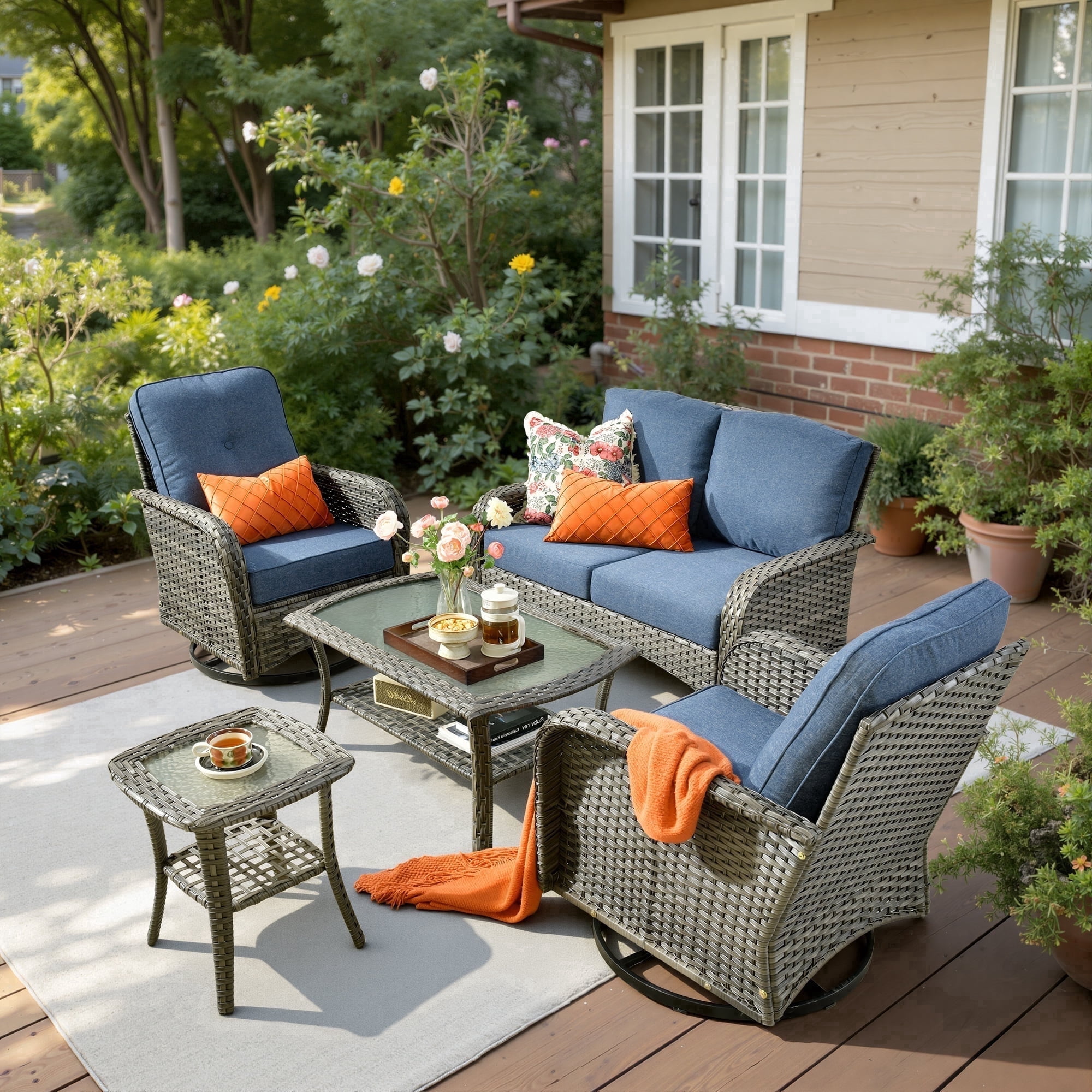 XIZZI 5-Piece Patio Furniture Set, All-Weather Wicker Outdoor Conversation Sets with Swivel Chairs and Glass Coffee Table for Backyard, Porch, Deck-Denim Blue