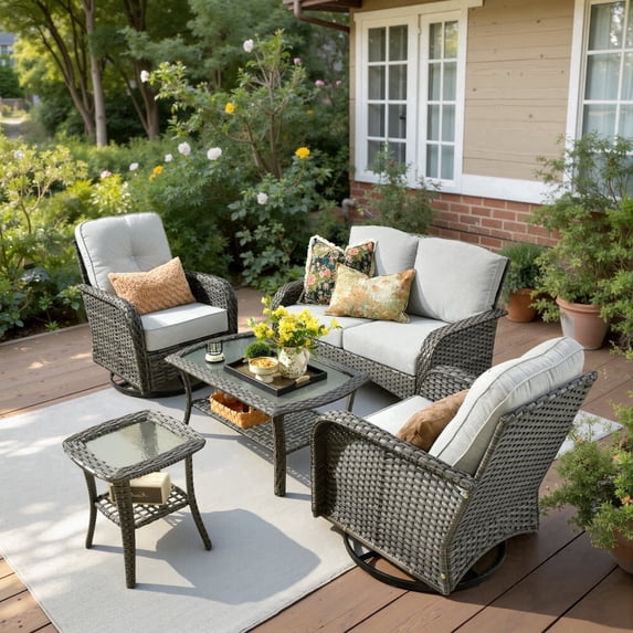 XIZZI 5-Piece Patio Furniture Set, All-Weather Wicker Outdoor Conversation Sets with Swivel Chairs and Glass Coffee Table for Backyard, Porch, Deck-Gray
