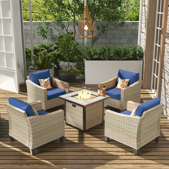 XIZZI 5 Pieces Outdoor Patio Furniture Sets with 30" Fire Pit Table,Wicker Conversation Set for Porch Deck,Beige Rattan Sofa Chair,Blue Cushion