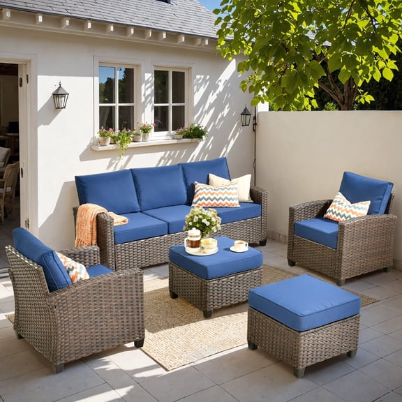 XIZZI 5 Pieces Wicker Patio Furniture All Weather Outside Seating Set High Back Rattan Outdoor Conversation Set with Cushion Ottoman for Balcony, Navy Blue