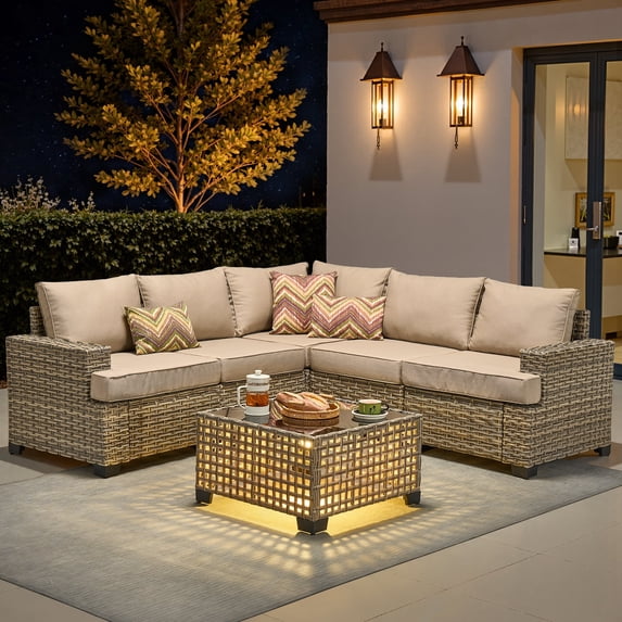 XIZZI 6-Piece Outdoor Patio Sectional Furniture Sets, Wicker Patio furniture with Coffee Table and Cushions, Waterproof Outdoor Conversation Set for Balcony, Porch, Backyard,Beige