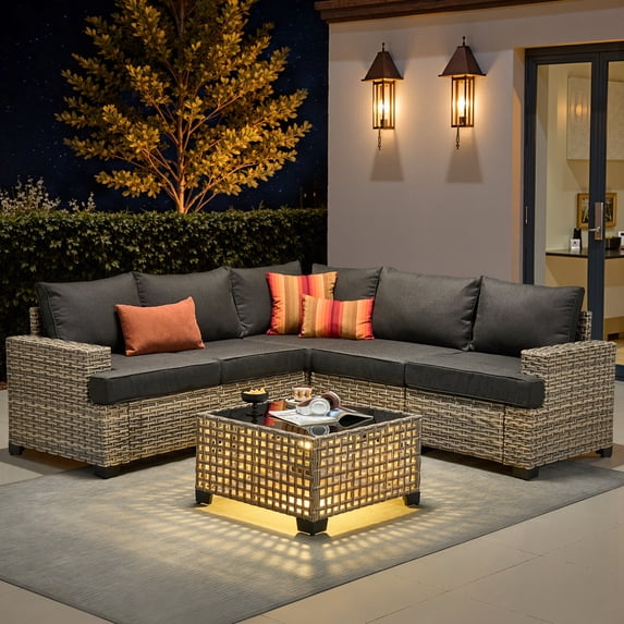 XIZZI 6-Piece Outdoor Patio Sectional Furniture Sets, Wicker Patio furniture with Coffee Table and Cushions, Waterproof Outdoor Conversation Set for Balcony, Porch, Backyard,Black