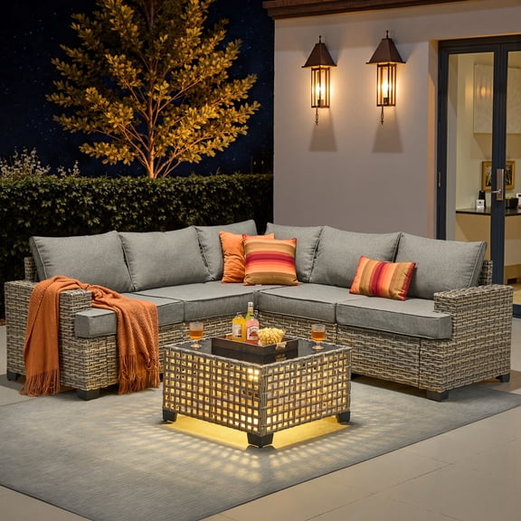 XIZZI 6-Piece Outdoor Patio Sectional Furniture Sets, Wicker Patio furniture with Coffee Table and Cushions, Waterproof Outdoor Conversation Set for Balcony, Porch, Backyard, Dark Gray