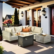 XIZZI 6 Pieces Rattan Outdoor Furniture Wicker Patio Conversation Set Modular Outside Sectional Sofa Set with Coffee Table and Fire Pit Table for Garden, Beige