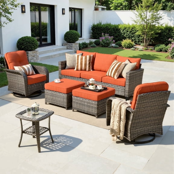 XIZZI 6-Pieces Wicker Patio Furniture Sets, Outdoor Furniture Sectional Sofa with Swivel Chairs, ottomans, All-Weather Rattan Outdoor Conversation Set for Porch, Patio, Backyard-Orange Red