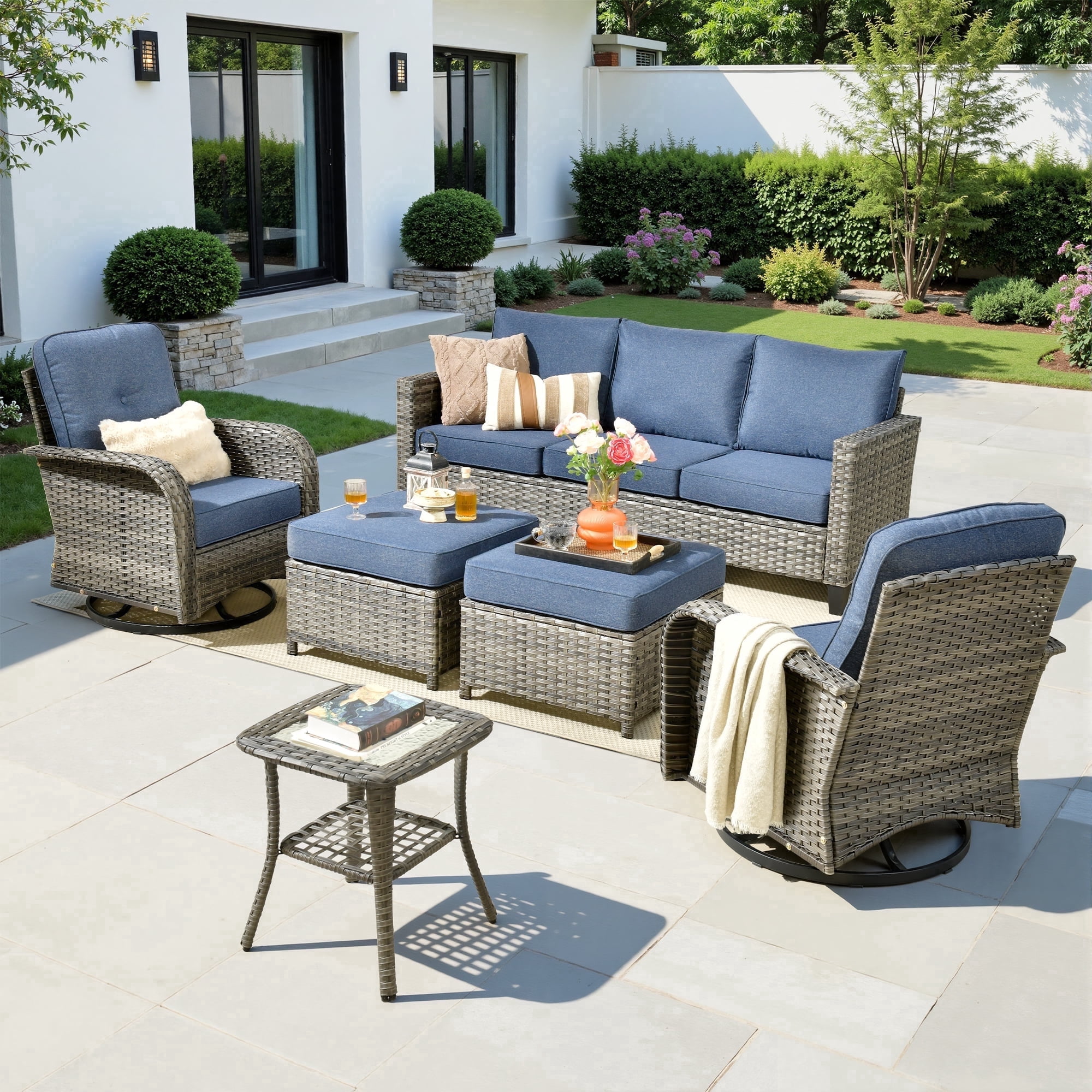 XIZZI 6-Pieces Wicker Patio Furniture Sets, Outdoor Furniture Sectional Sofa with Swivel Chairs, ottomans, All-Weather Rattan Outdoor Conversation Set for Porch, Patio, Backyard-Denim Blue