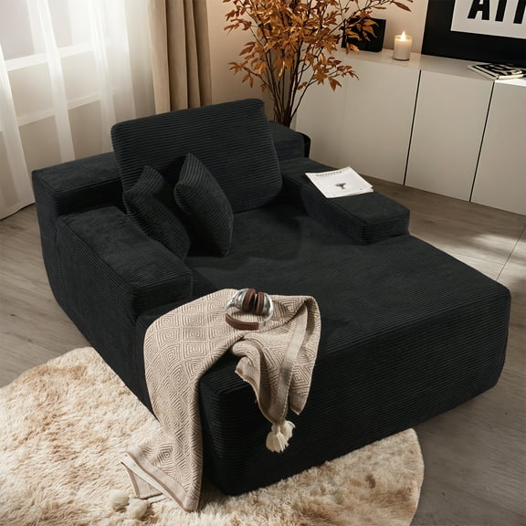XIZZI 67" Chaise Lounge Indoor, No Assembly Required, Oversized Upholstered Sofa Bed with Throw Pillows, Corduroy Fabric, Black