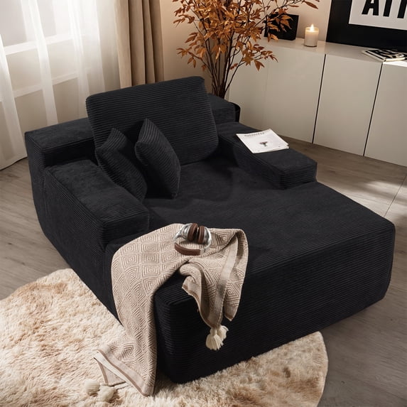 XIZZI 67" Chaise Lounge Indoor, No Assembly Required, Oversized Upholstered Sleeper Sofa Bed with Throw Pillows, Corduroy Fabric, Black