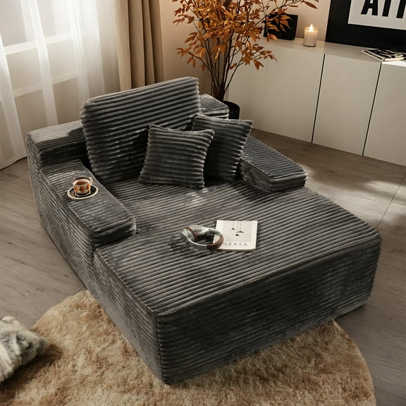 XIZZI 67" Chaise Lounge Indoor, No Assembly Required, Oversized Upholstered Sofa Bed with Throw Pillows, Plush Fabric, Gray