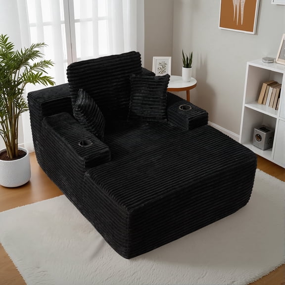 XIZZI 67" Oversized Chaise Lounge Indoor, No Assembly Required, Upholstered Sleeper Sofa Bed with Cup Holder & Throw Pillows, Plush Fabric, Black