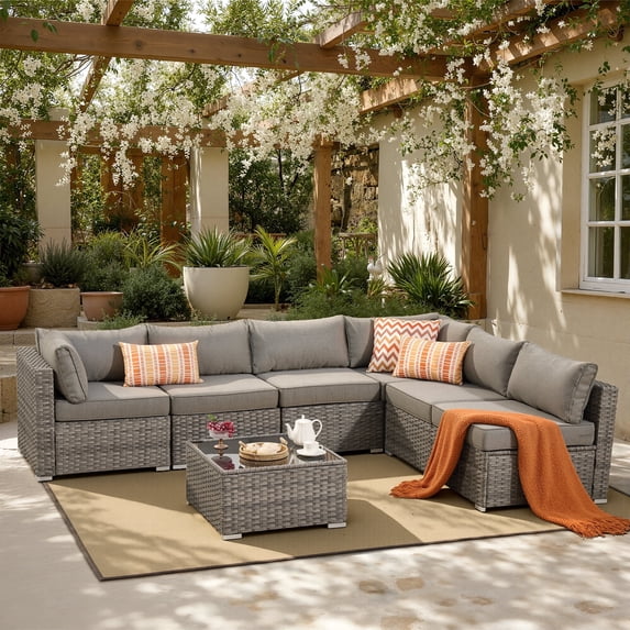XIZZI 7-Piece Outdoor Sectional Furniture Sets, Patio Conversation Set with Cushions and Coffee Table, All-Weather Patio sets for Backyard, Garden,Dark Gray