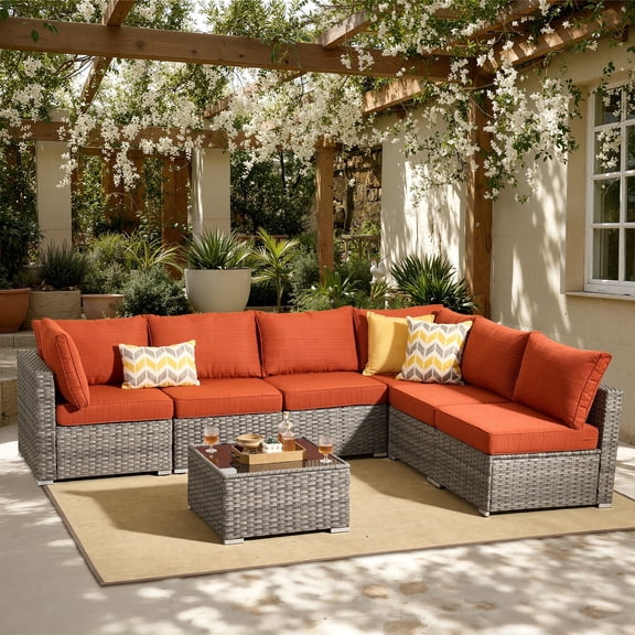 XIZZI 7-Piece Outdoor Sectional Furniture Sets, Wicker Patio Conversation Set with Cushions and Coffee Table, All-Weather Patio sets for Backyard, Garden,Orange