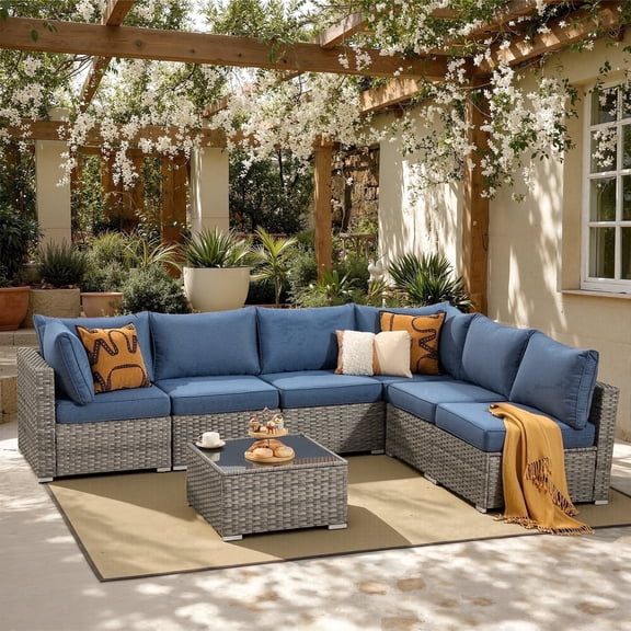 XIZZI 7-Piece Outdoor Sectional Patio Furniture Sets, Wicker Outdoor Conversation Set with Coffee Table, All-Weather Patio set for Backyard, Garden,Denim Blue