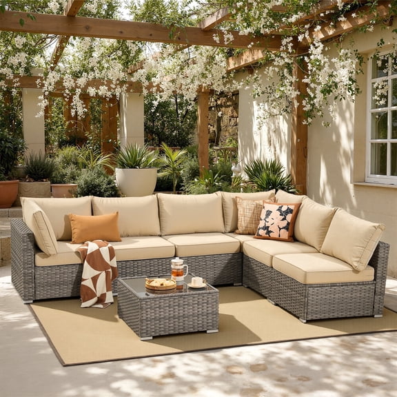 XIZZI 7-Piece Outdoor Sectional Furniture Sets, Wicker Patio Conversation Set with Cushions and Coffee Table, All-Weather Patio sets for Backyard, Garden,Beige