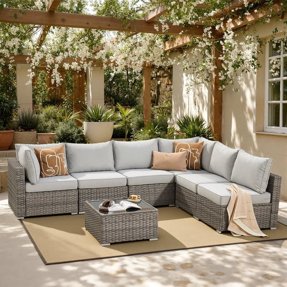 XIZZI 7-Piece Outdoor Sectional Furniture Sets, Wicker Patio Conversation Set with Cushions and Coffee Table, All-Weather Patio sets for Backyard, Garden,Gray