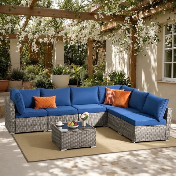 XIZZI 7-Piece Outdoor Sectional Furniture Sets, Wicker Patio Conversation Set with Cushions and Coffee Table, All-Weather Patio sets for Backyard, Garden,Navy Blue