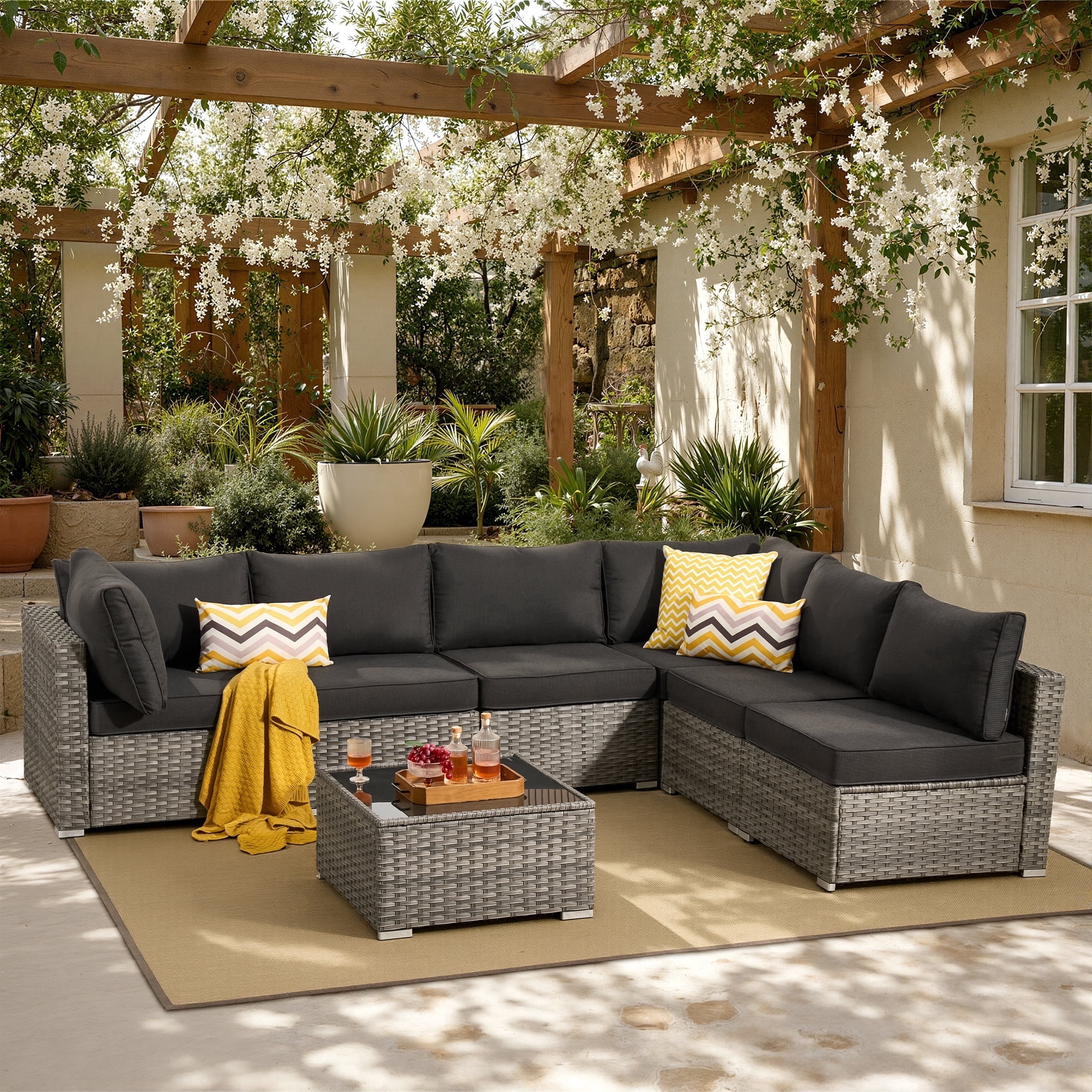 XIZZI 7-Piece Outdoor Sectional Patio Furniture Sets,Outdoor Conversation Set with Cushions and Coffee Table, All-Weather Wicker Patio set for Backyard, Garden-Black