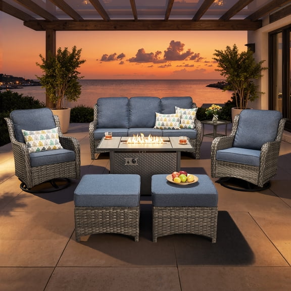 XIZZI 7-Piece Patio Furniture Sets Outdoor Furniture with Fire Pit Table and Swivel Rocking Chairs, High Back All-Weather PE Wicker Outdoor Conversation Set-Denim Blue