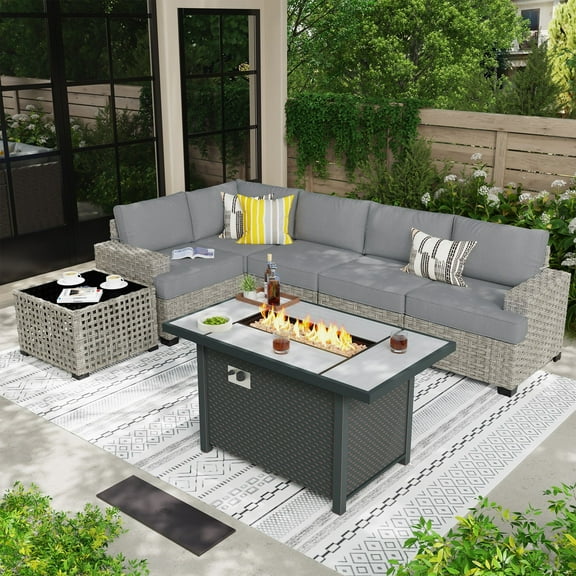 XIZZI 7 Pieces Outdoor Patio Furniture All Weather Rattan Conversation Set Wicker Patio Sectional Sofa Set with Fire Pit Table and Coffee Table for Garden, Dark Gray